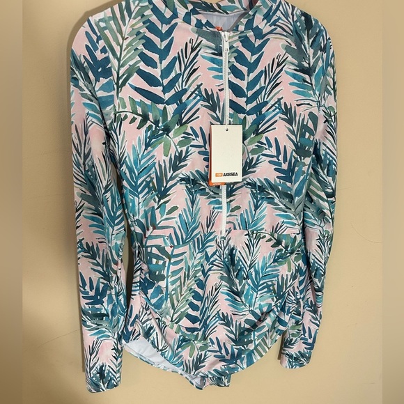 AXESEA Women’s Rash Guard Long Sleeve One Piece Swimsuit Ruched Zip Front Sz 14 - Picture 6 of 11